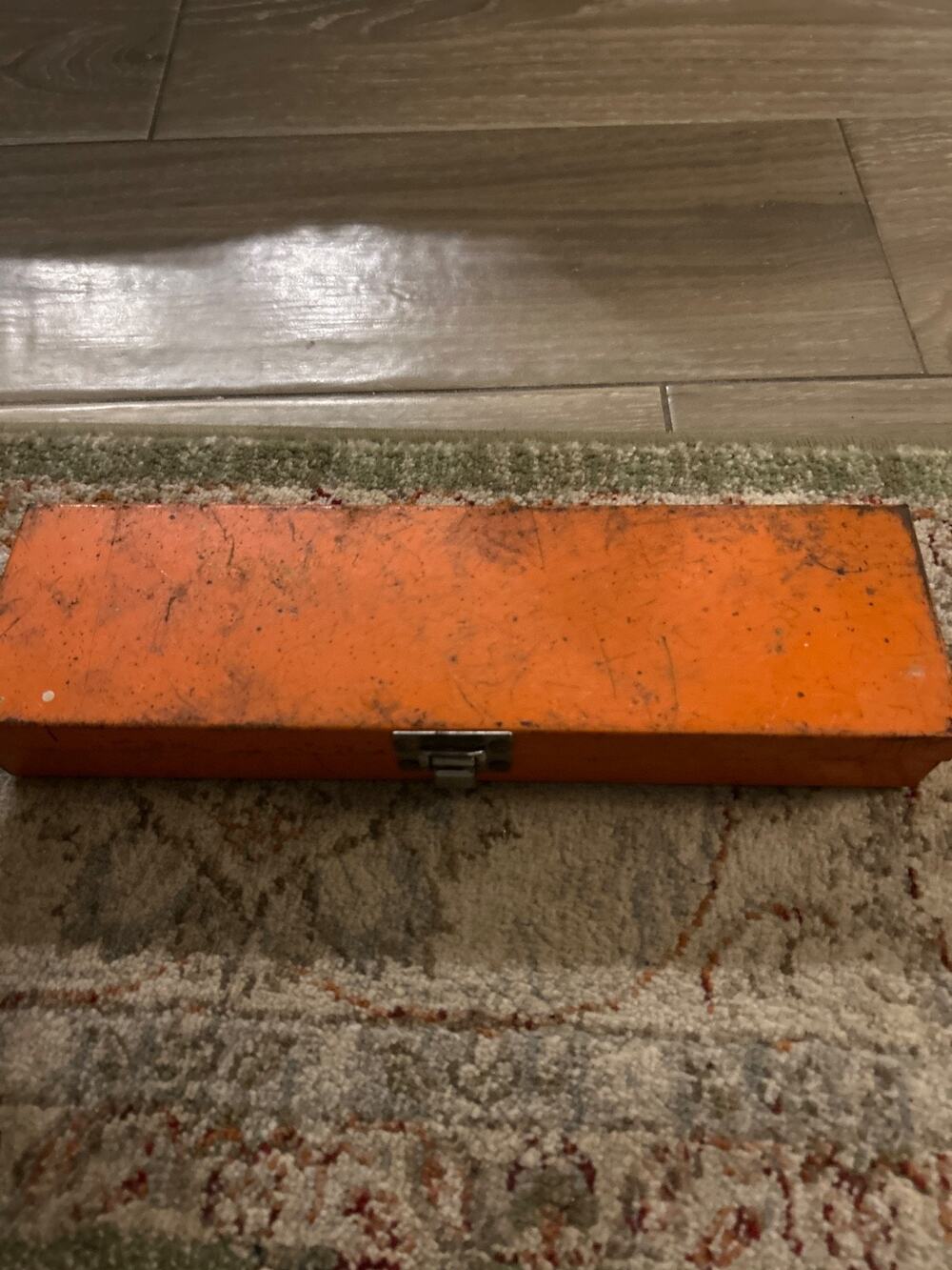 Small Orange Toolbox with inside removal compartment 11"x3" and 2" tall